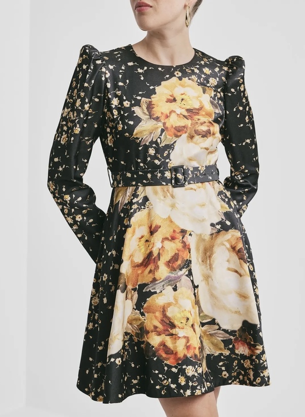 Tailored Satin Belt Dress Black Rose - by TiMo