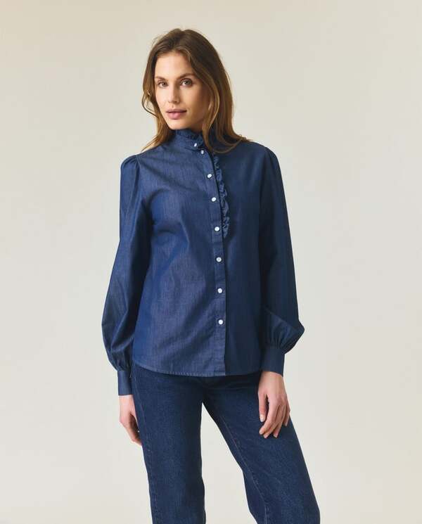 Denim Frill Blouse Medium Blue Denim - Lexington