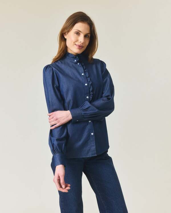 Denim Frill Blouse Medium Blue Denim - Lexington
