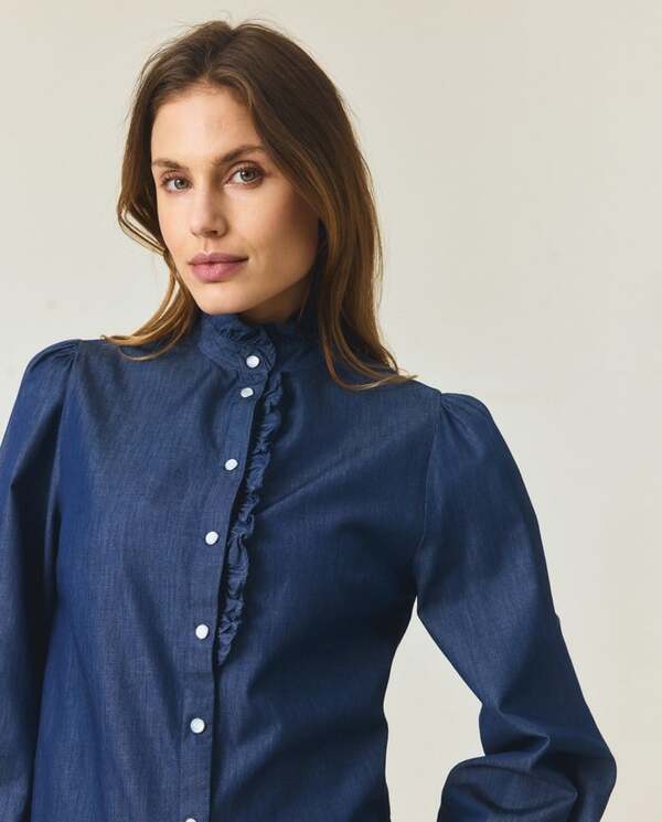 Denim Frill Blouse Medium Blue Denim - Lexington