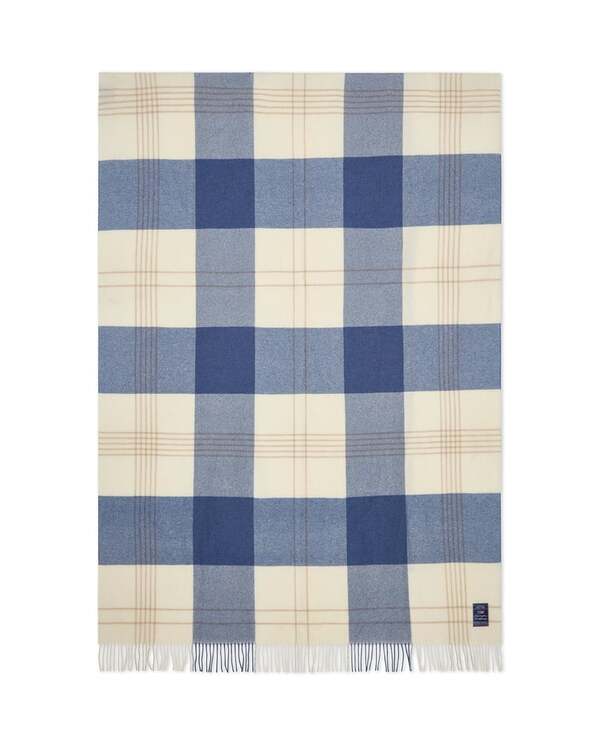 Blå/beige rutet pledd i resirkulert ull