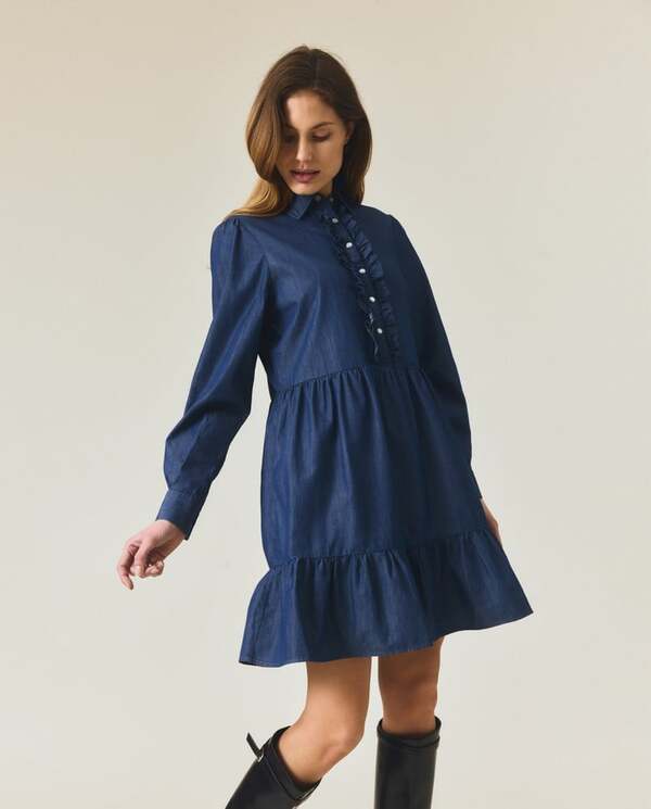 Denim tunikakjole m/rysjer Medium blue - Lexington