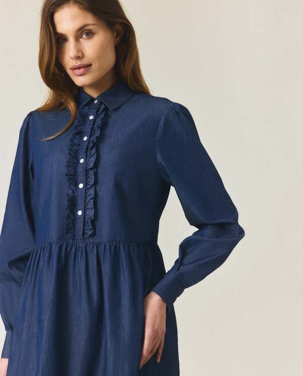 Denim tunikakjole m/rysjer Medium blue - Lexington