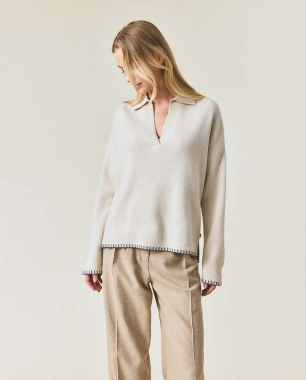 Strikket polo-genser i merinoull Offwhite - Lexington