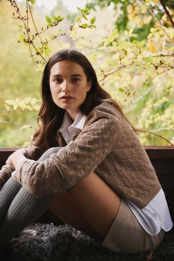 Kabelstrikket cardigan Beige Melange - Lexington