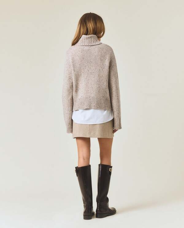 Strikket genser i ullblanding med rullekrage Beige Melange - Lexington