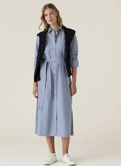 Poplin skjortekjole, blå/hvit stripet Blue/White Stripe - Lexington