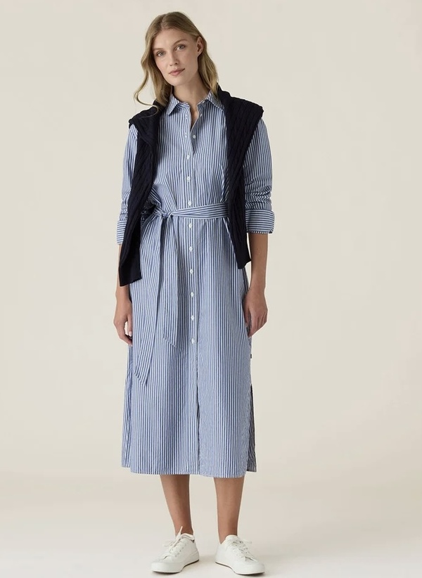 Poplin skjortekjole, blå/hvit stripet Blue/White Stripe - Lexington