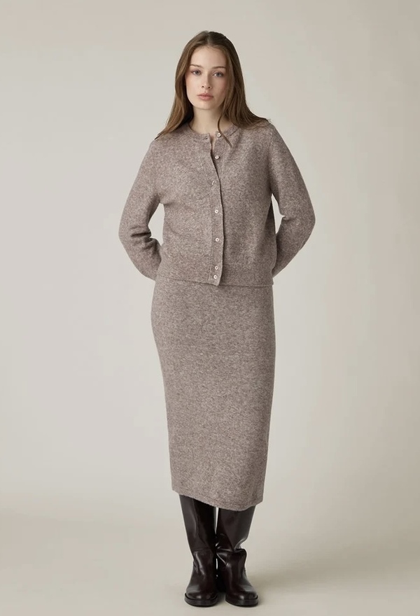 Finstrikket cardigan i merinoullblanding, lysebrun melert Light brown melange - Lexington