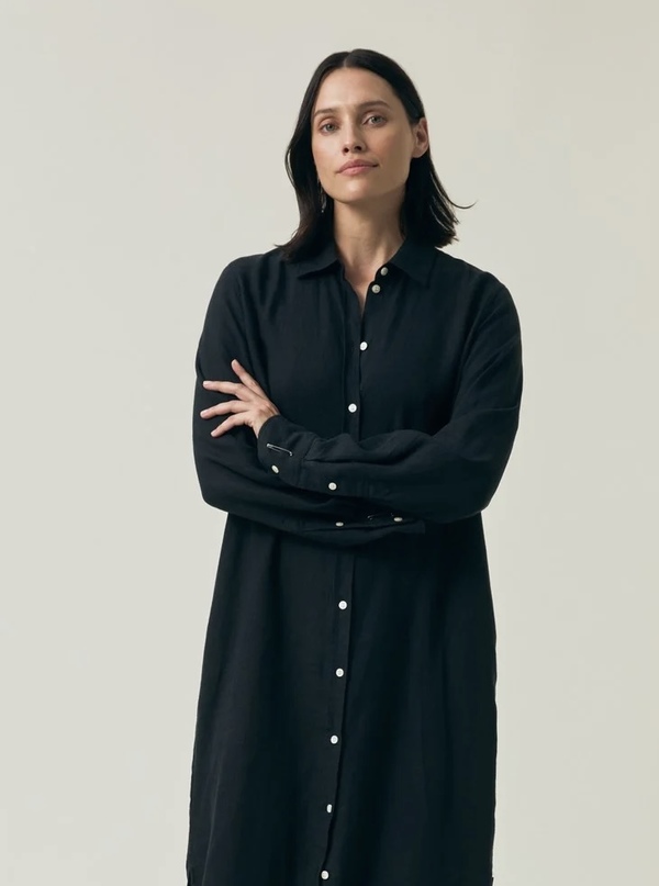 Long Linen Shirt Dress Black - Lexington
