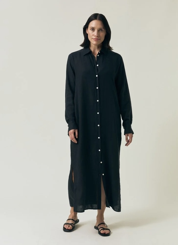 Long Linen Shirt Dress Black - Lexington