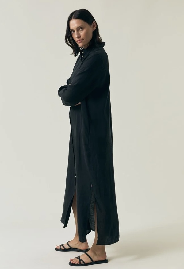 Long Linen Shirt Dress Black - Lexington