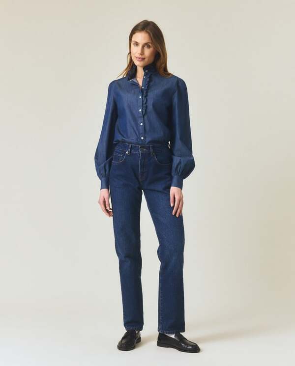 Denim Frill Blouse Medium Blue Denim - Lexington