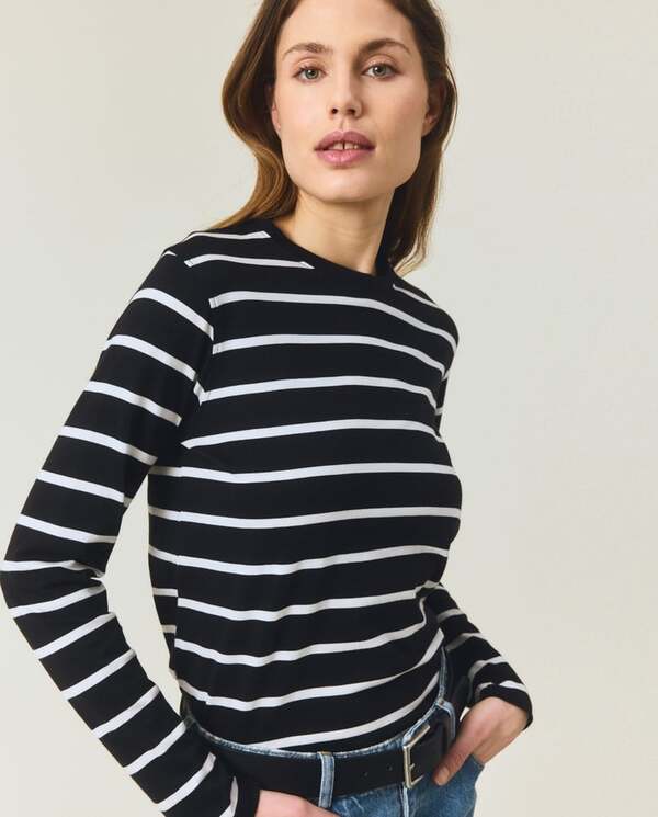 Langermet bommuls-t-skjorte,svart/hvite striper Black/White - Lexington