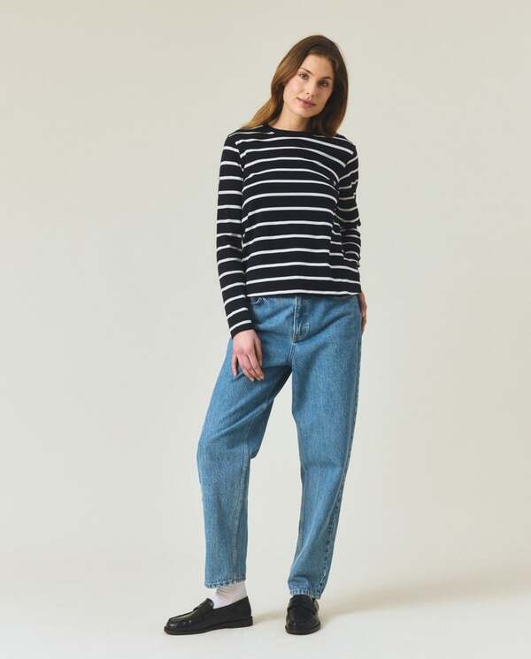 Langermet bommuls-t-skjorte,svart/hvite striper Black/White - Lexington