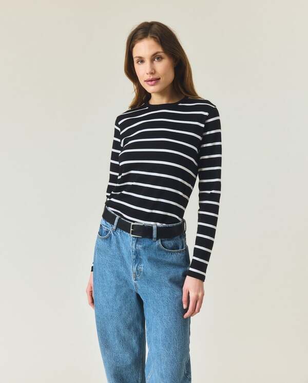 Langermet bommuls-t-skjorte,svart/hvite striper Black/White - Lexington