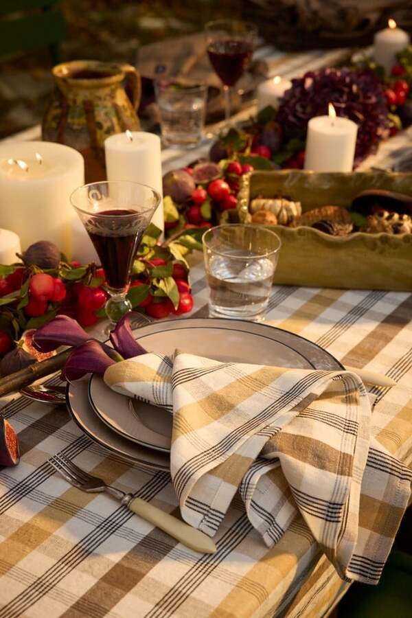 Rutet lin/bomull serviett Oliven/Hvit/Stein - Uspesifisert